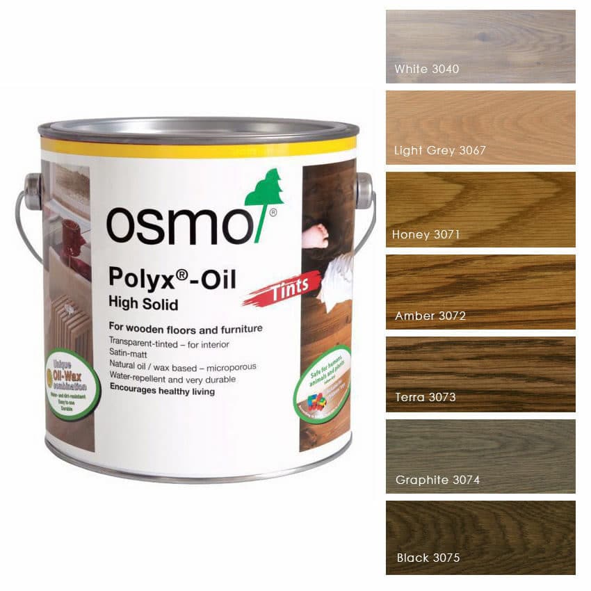 Can of Osmo Polyx®-Oil Tints next to samples of tinted wood finishes.