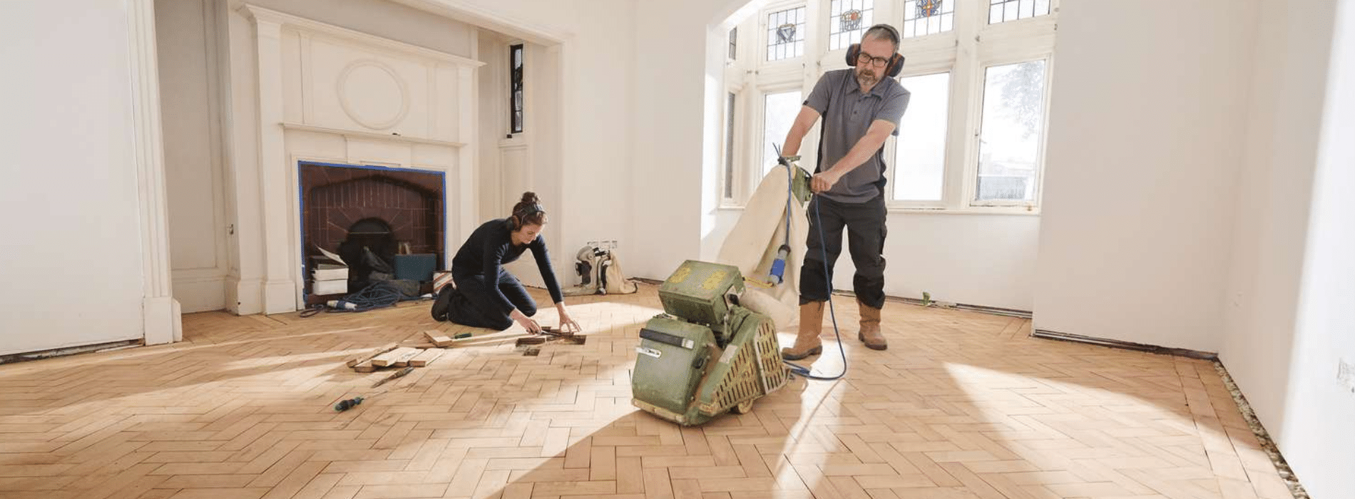 In Tufnell Park, N19, Mr Sander® are using a Bona Scorpion, a 200mm drum sander with 1.5 kW power, 240V voltage, and 50 Hz frequency. The sander is connected to a dust extraction system with a HEPA filter, ensuring a clean and efficient result while sanding a herringbone floor. 