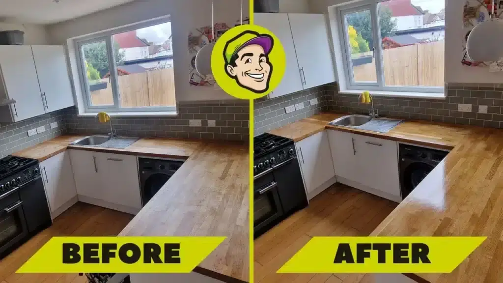 Before and after images of a kitchen with wooden countertops named "Oak Butcher Block" in Belvedere, UK. The left side shows the countertops before sanding and refinishing by Mr Sander®, and the right side shows the countertops beautifully restored to a smooth, glossy finish.