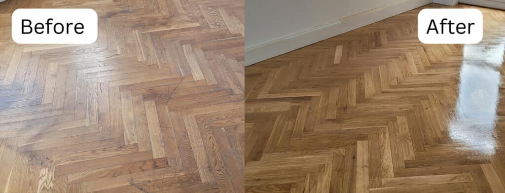 A before-and-after comparison of parquet flooring. The left side of the image, labeled "Before," shows the parquet floor looking dull and worn, with visible scratches and a lack of shine. The right side, labeled "After," displays the same flooring after treatment, with a much more vibrant color, the wood grain is more pronounced, and the surface has a glossy finish, reflecting light off of it. This showcases the effectiveness of floor restoration or refinishing.