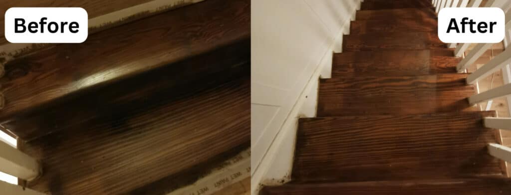  A side-by-side comparison of wooden stairs titled 'Before' and 'After'. On the left, the 'Before' image shows the stairs looking worn with a dark, patchy finish and visible scratches and scuffs. On the right, the 'After' image presents the same staircase revitalized with a consistent, rich wood stain, enhancing the wood's natural grain and giving the stairs a renewed appearance. The surrounding areas are consistent in both images, with white risers and balusters, indicating the transformation is solely due to the wood treatment.