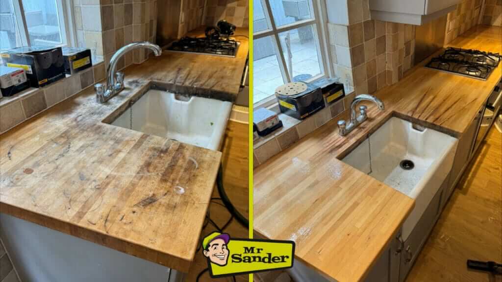 A split image showing a kitchen countertop before and after sanding and refinishing by Mr Sander®. The left side shows the worn and stained wood countertop, while the right side displays the restored, polished wood surface. The kitchen features tiled walls and a white sink with a chrome faucet.