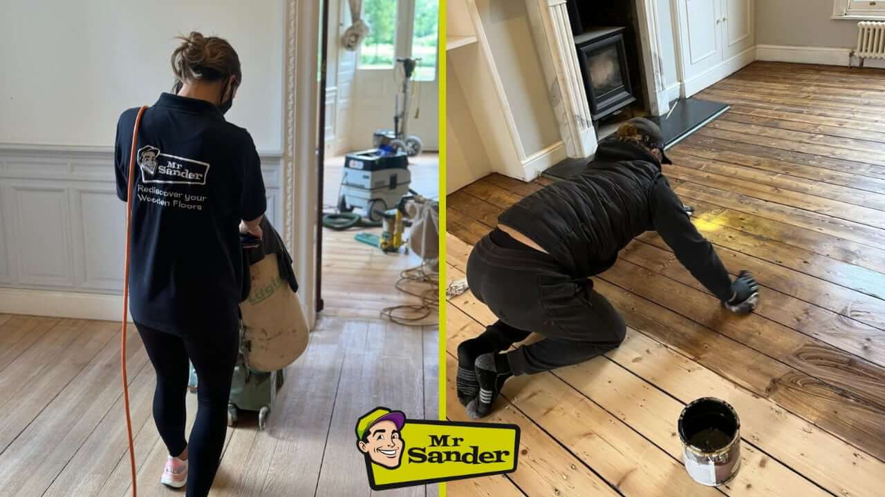 A side-by-side image showing the floor sanding and refinishing process. On the left, a professional technician sands the wooden floor using specialized equipment. On the right, another technician applies a finish by hand to enhance the floor’s color and grain. The Mr Sander® logo is displayed at the center.