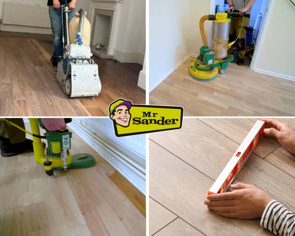 A collage of images showing the process of floor sanding and refinishing. The top left image shows a person using a large floor sander. The top right image shows a close-up of a drum sander in action. The bottom left image shows a person using a smaller edge sander. The bottom right image shows a person checking the level of the floor. The Mr. Sander® logo is in the center.