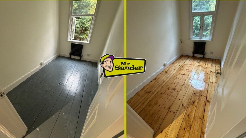 A before-and-after comparison of a wood floor restoration. The left side shows the floor before sanding and refinishing, with a dark, painted surface. The right side shows the floor after restoration, with a smooth, glossy finish and a restored natural color. The image features the Mr. Sander logo in the center.