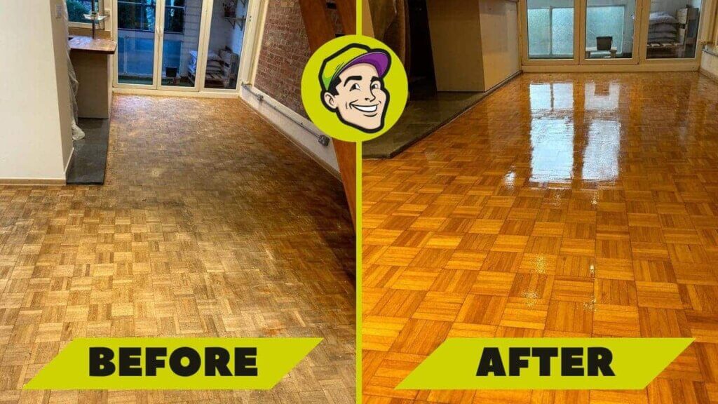Before and after images of a floor sanding and refinishing project done by Mr Sander® in West Ealing, UK. The living room's oak parquet floor is shown in its worn and dull state on the left and beautifully restored with a glossy finish on the right.