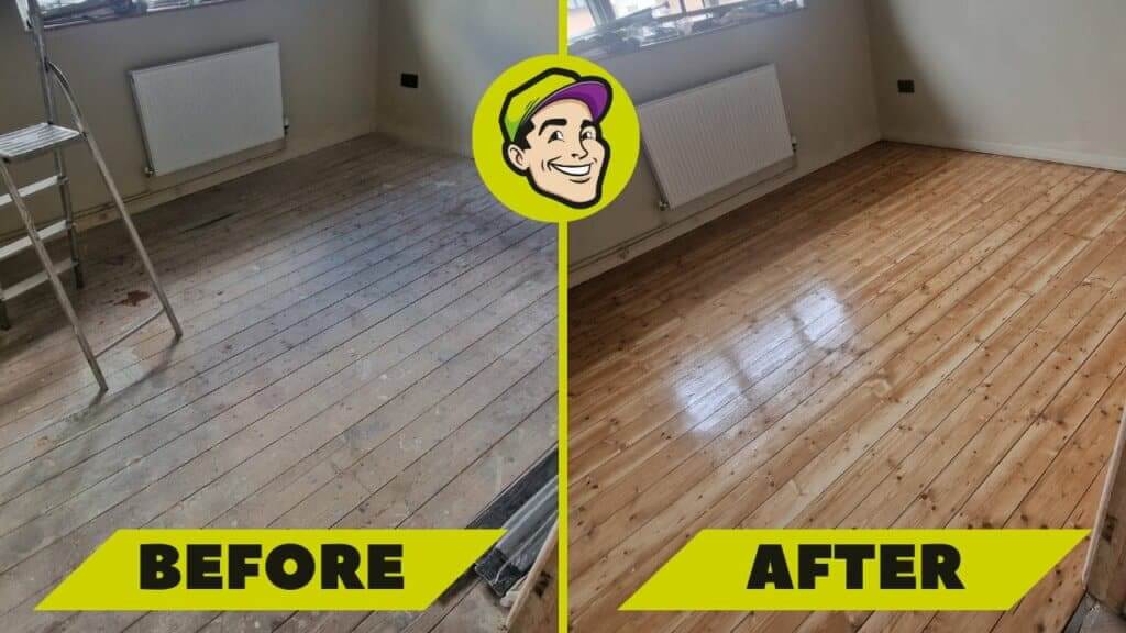 A comparison image showing a pine floor before and after sanding and refinishing by Mr Sander® in Finchley Church End, UK. The left side shows the floor with heavy wear, dirt, and dullness, while the right side displays the same floor beautifully restored with a glossy, polished finish.