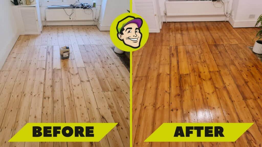 A before and after image showcasing the remarkable transformation of a pine wood floor in Islington, UK. The floor sanding and refinishing service by Mr. Sander® has revitalized the floor, bringing out the rich, warm tones and natural beauty of the pine wood, making the room look refreshed and inviting.