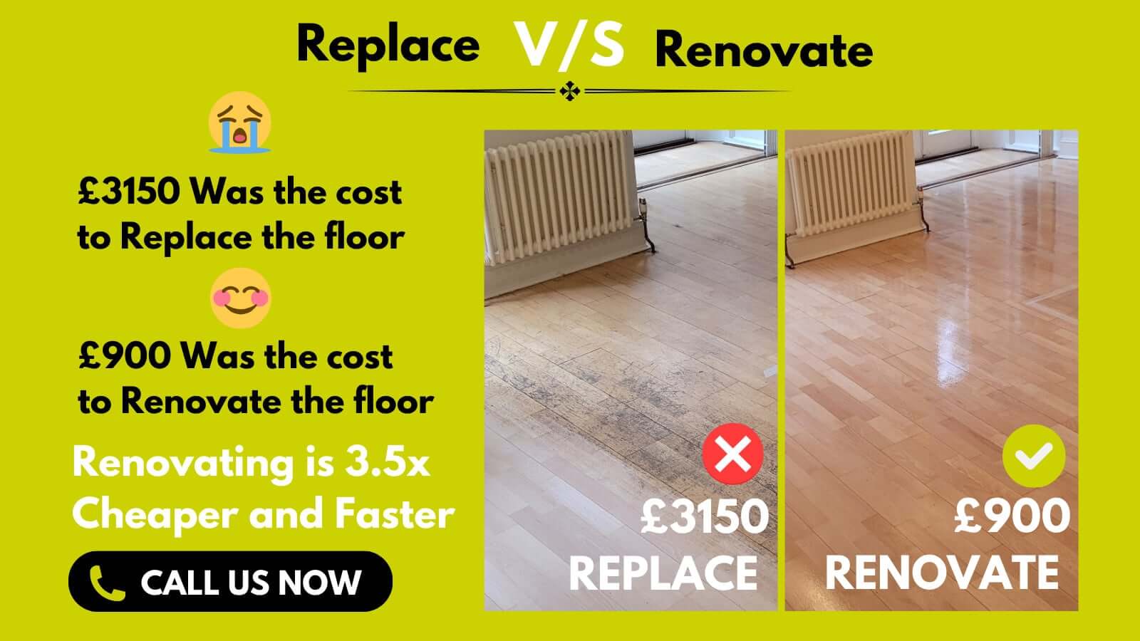 Illustration comparing costs of professional floor sanding versus replacement, demonstrating cost-effectiveness in Garthamlock G33.