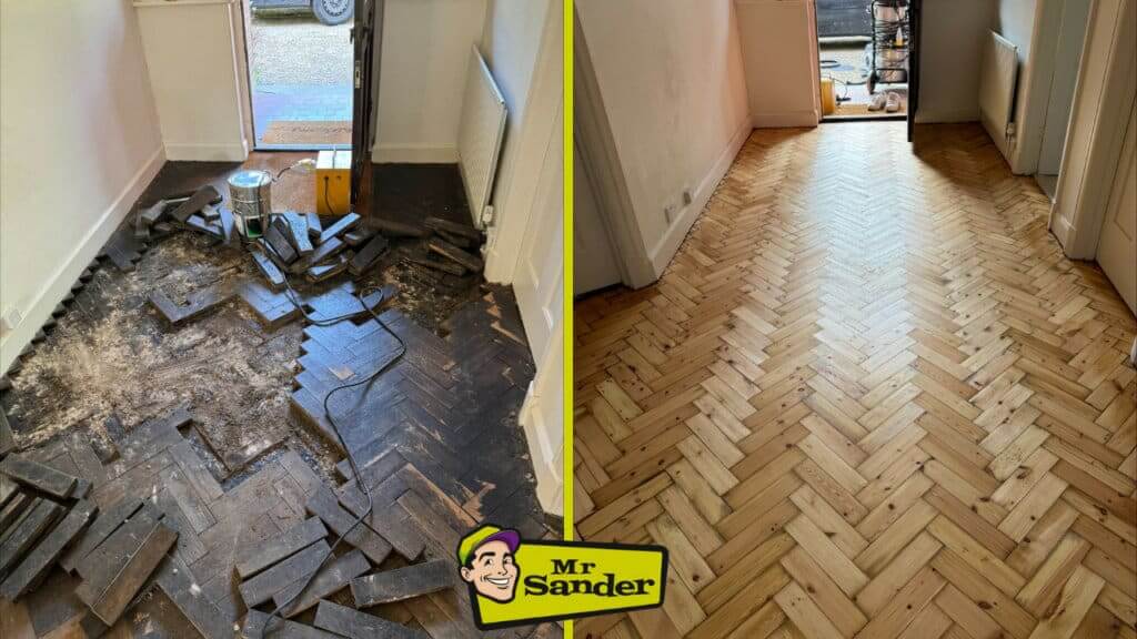 Before and after comparison of a herringbone parquet wooden floor in Biggin Hill, UK, showing the results of floor sanding and refinishing by Mr. Sander®.