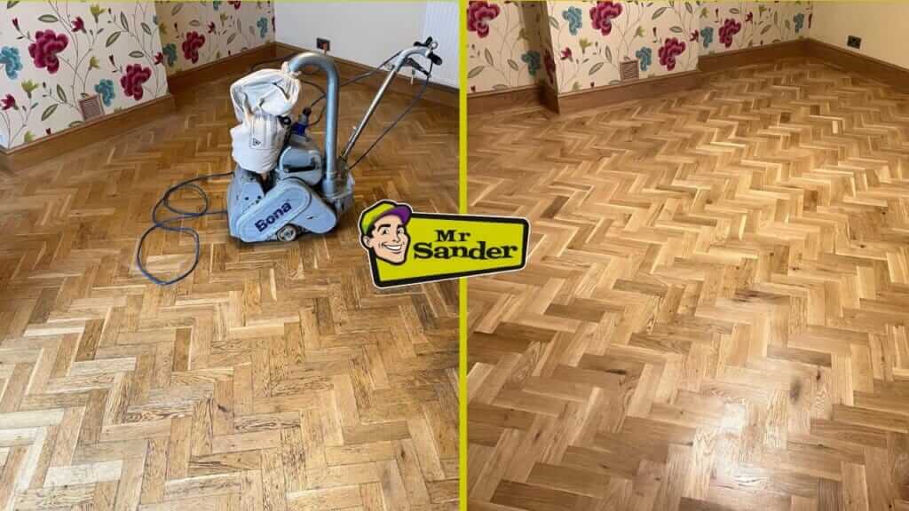 A before-and-after image showcasing the transformation of a parquet floor using Mr Sander® services in, UK. The left image shows the floor covered in a dark varnish with sanding equipment present. The right image reveals a beautifully restored parquet floor with a warm, rich finish.