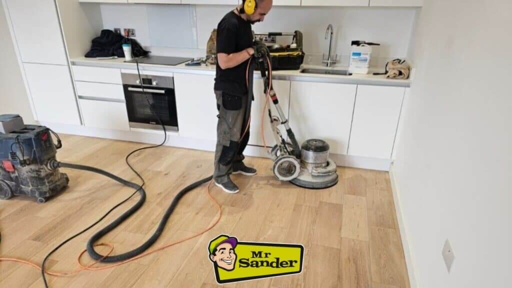 A room with a wooden floor being sanded and refinished in Elm Park, RM12, UK. The floor is light-colored, likely pine or oak.