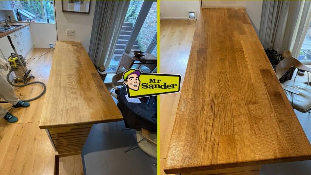 A before-and-after image of a kitchen countertop restoration project. The left side shows the countertop before sanding, with a dull, worn appearance. The right side shows the same countertop after sanding and refinishing, with a glossy, restored finish.
