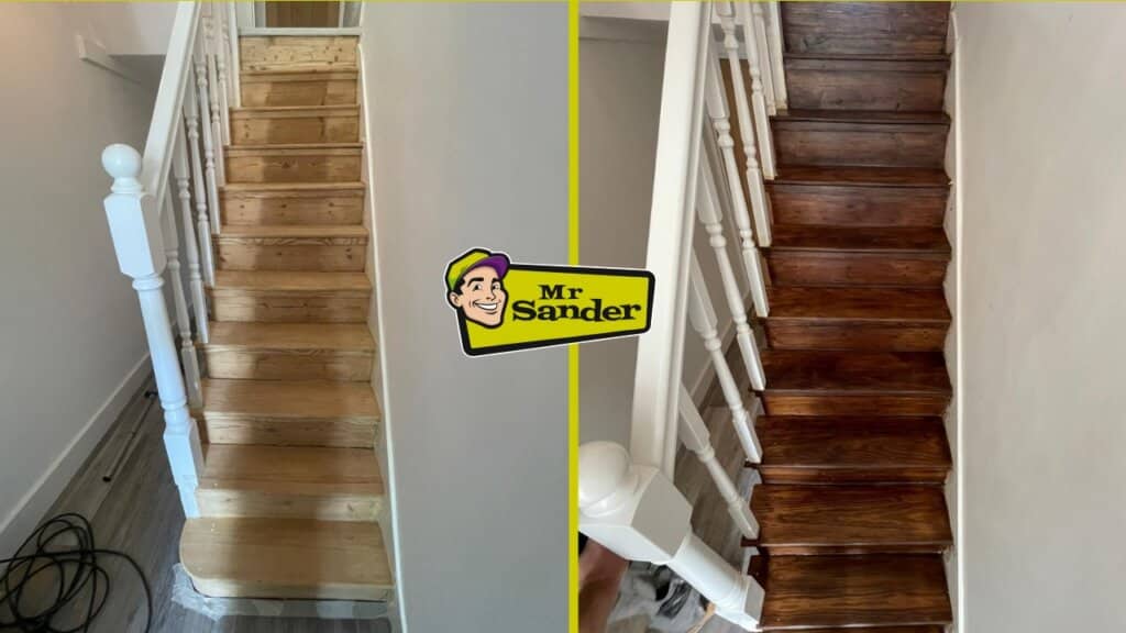Before and after comparison of wooden staircase restoration