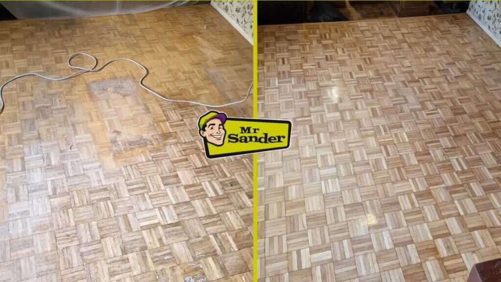 A before-and-after image showcasing the transformation of a parquet floor. The left side shows the floor covered in dirt and old varnish, while the right side displays the same floor beautifully sanded and polished.