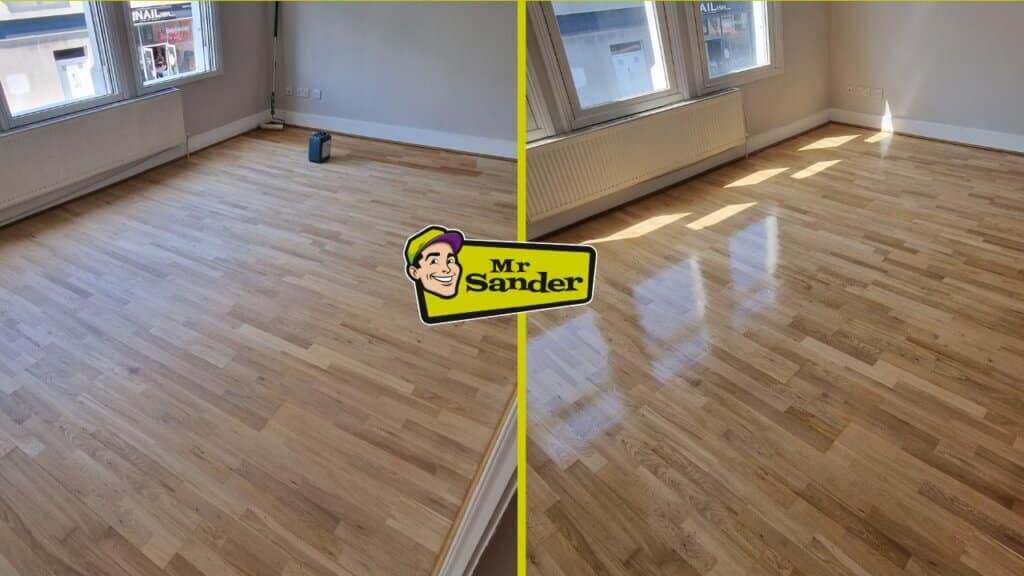 Before and after comparison of floor refinishing by Mr Sander in Bulphan, UK, showcasing a transformation from a dull to a polished oak parquet floor.