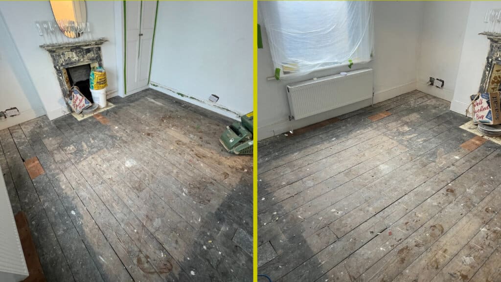 A side-by-side view of a room with an old wooden floor before and after initial cleaning and preparation, featuring the Mr Sander® logo.