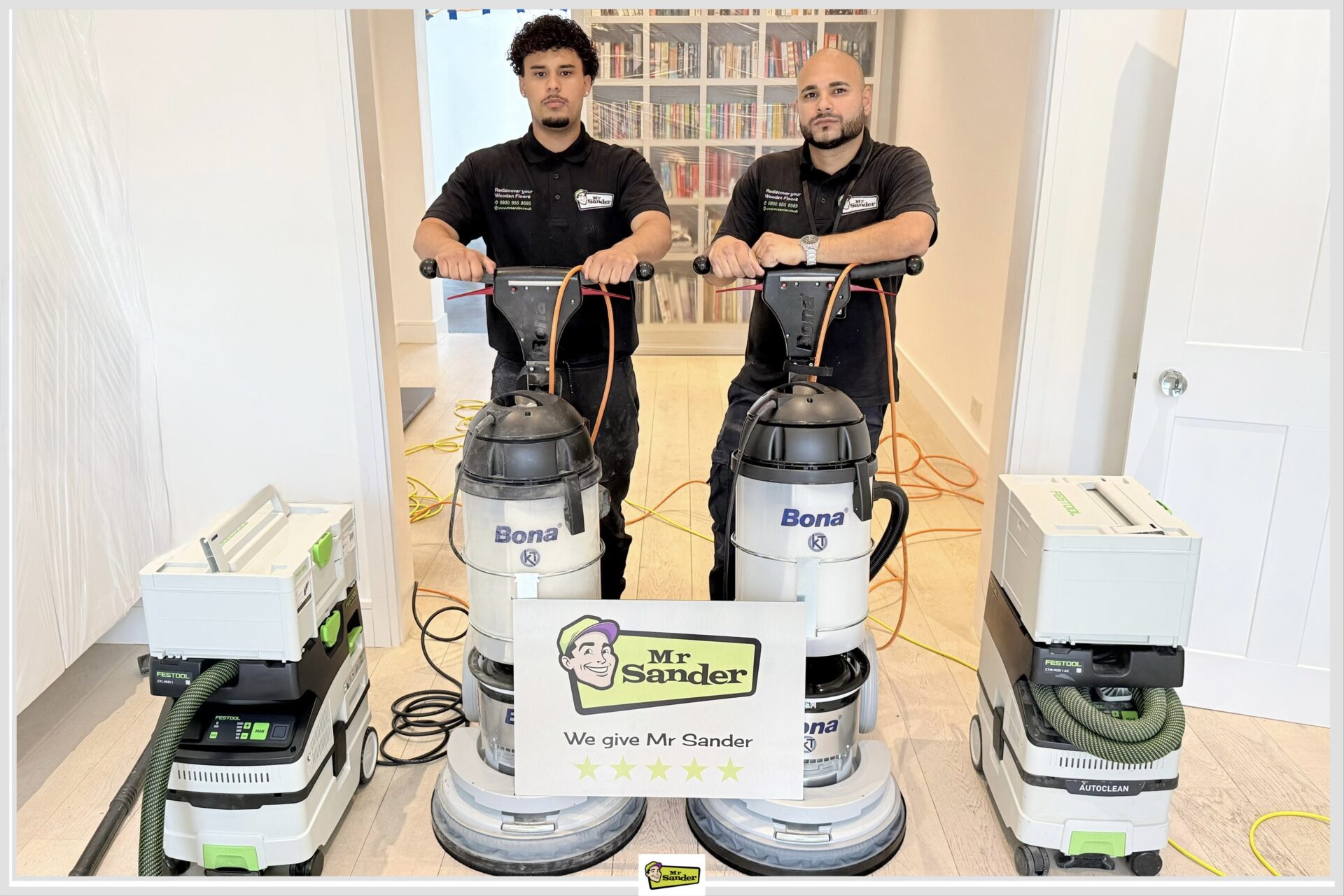 A Mr Sander® technicians restoring herringbone parquet flooring in a Wentworth Estate property in Virginia Water.