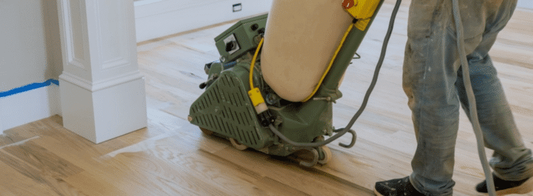 Mr Sander® utilizing a 2.2kW, 220V Bona belt sander on a herringbone floor in Bracknell, RG12. The dust extraction system with a HEPA filter ensures a clean, dust-free environment while providing superior floor sanding results.