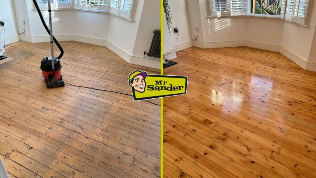 A before-and-after image showcasing the transformation of a wooden floor. The left side shows the floor covered in dirt and old varnish, while the right side displays the same floor beautifully sanded and polished.