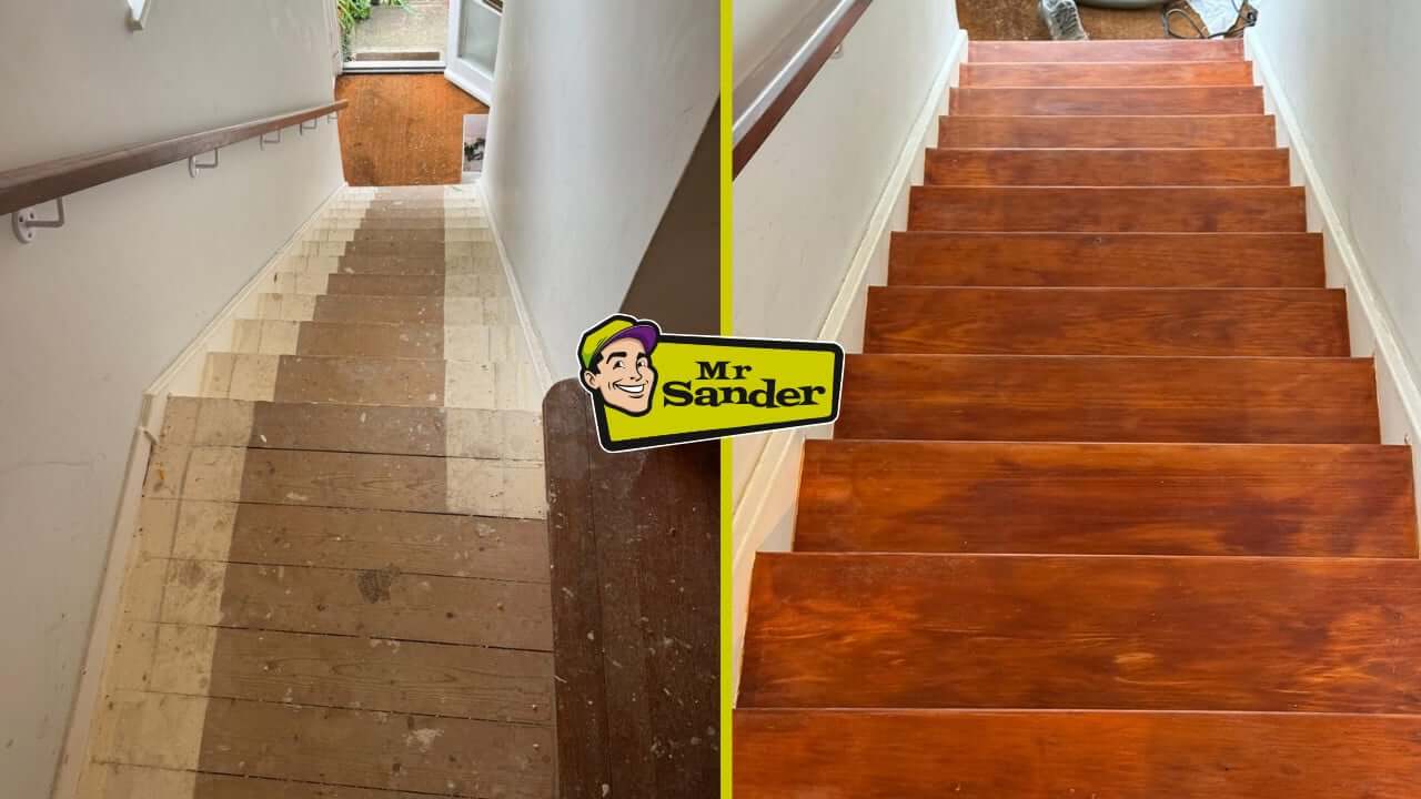 A before-and-after comparison of wooden stairs. The left side shows a worn, unfinished staircase, while the right side features a beautifully refinished and polished staircase with a rich, warm tone. The Mr Sander® logo is displayed in the center.