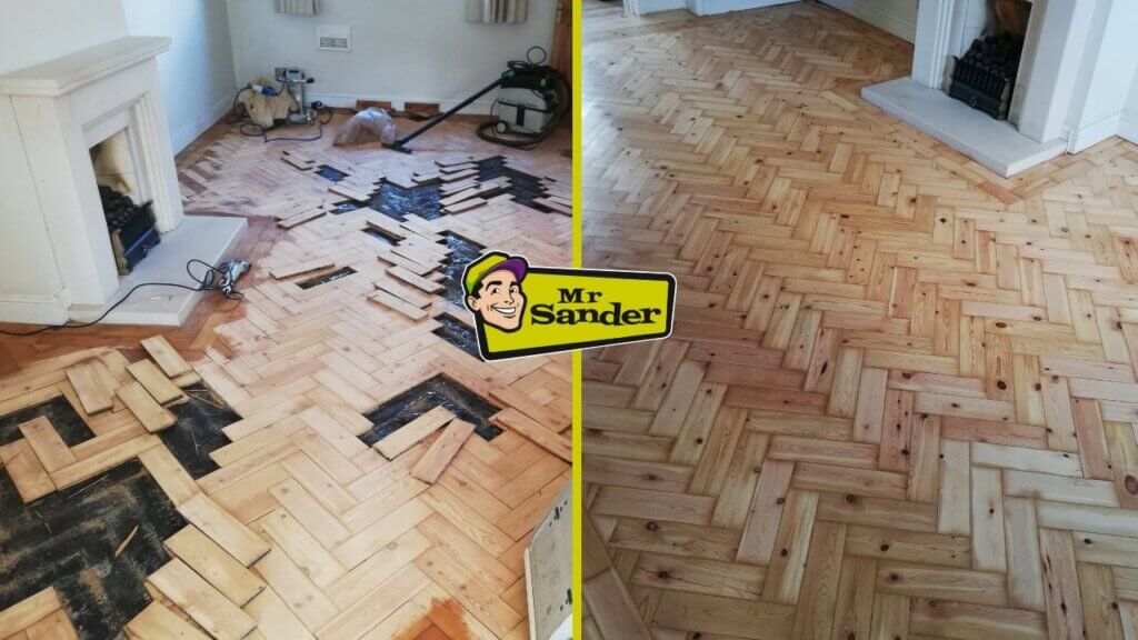 A before-and-after image showcasing the restoration of a damaged herringbone parquet floor. The left side shows the floor with missing planks and damaged sections, while the right side displays the same floor beautifully repaired and refinished.