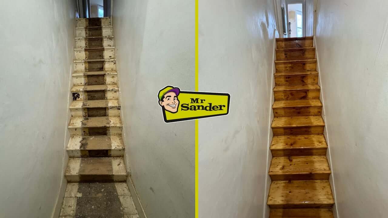 A before-and-after image of a wooden staircase restoration in Corringham, UK. The left side shows the staircase before sanding and refinishing, with a worn and damaged appearance. The right side shows the staircase after restoration, with a beautiful, glossy finish.