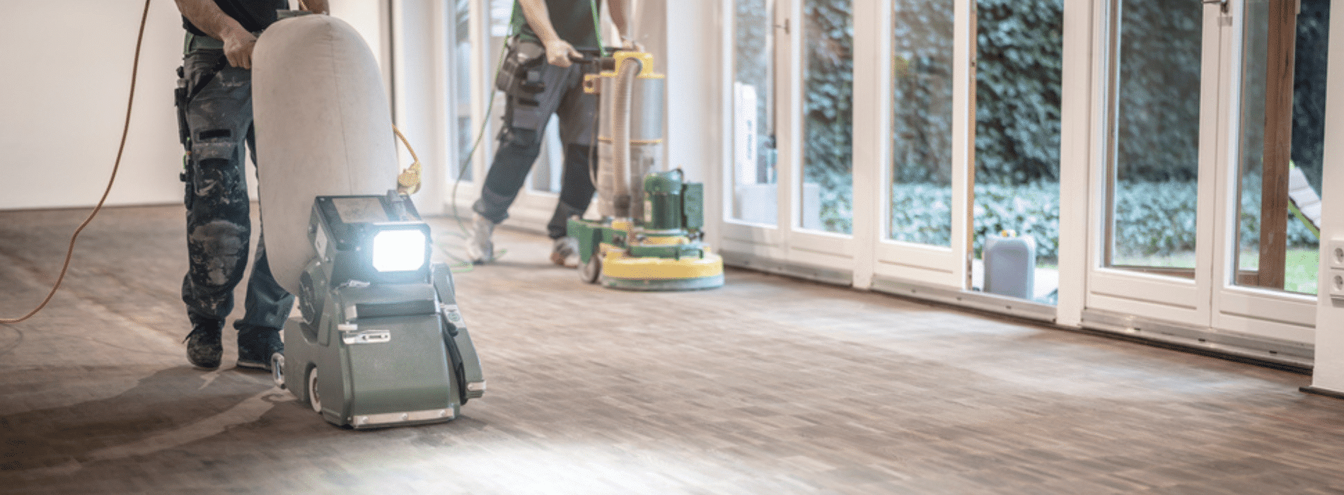 Wandsworth SW18 herringbone floor rejuvenated by Mr Sander® using 2.2 kW Bona belt sander; machine with HEPA-filtered dust extraction showcasing precision and clean finish.
