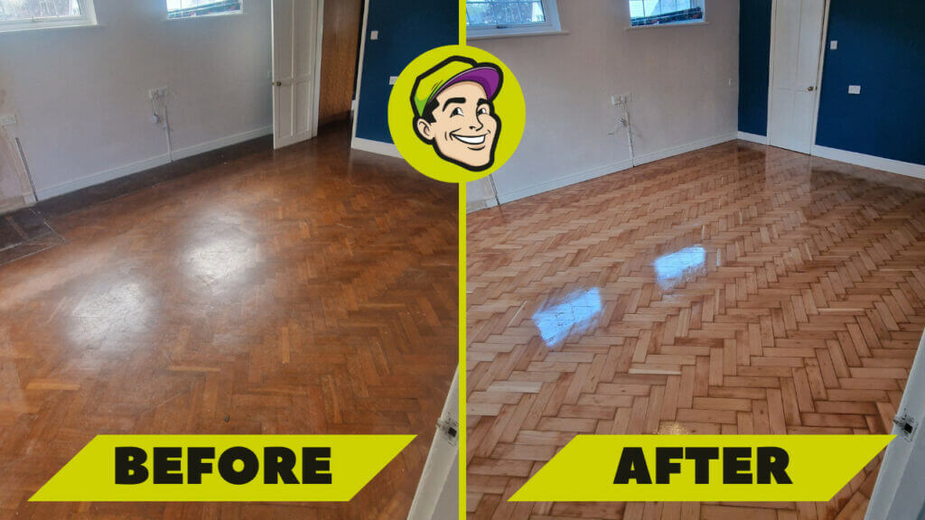 Before and after comparison of a herringbone parquet floor sanded and refinished by Mr Sander® in the living room of a home in Chingford, UK. The transformation reveals a beautifully restored and polished herringbone parquet floor.
