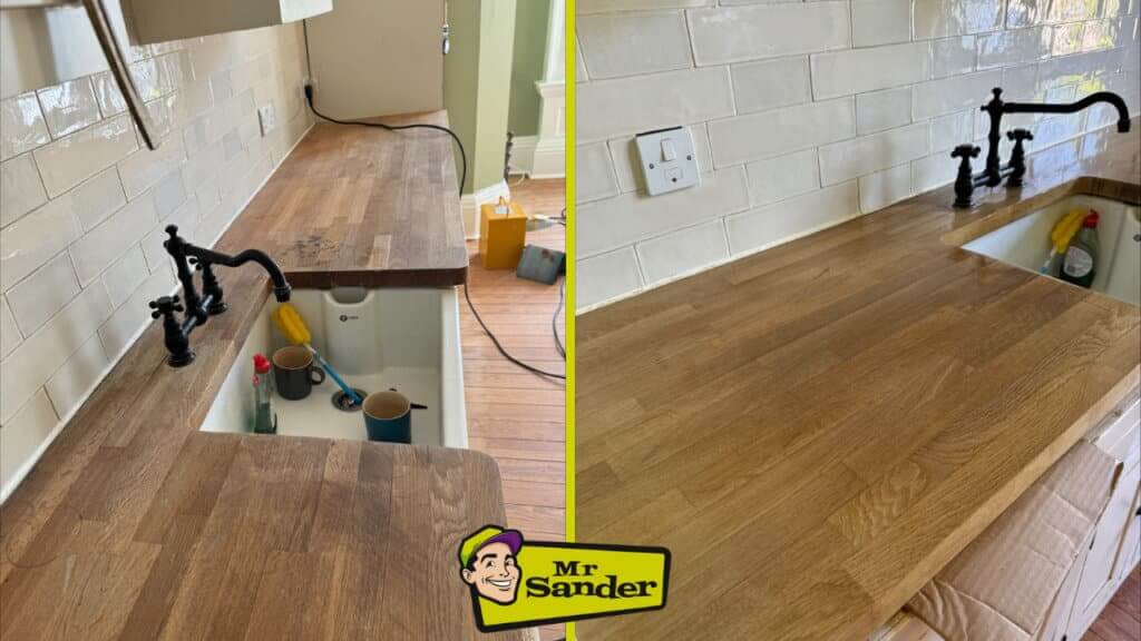 Before and after comparison of a beautifully sanded and refinished wooden kitchen countertop by Mr Sander® in Southgate.