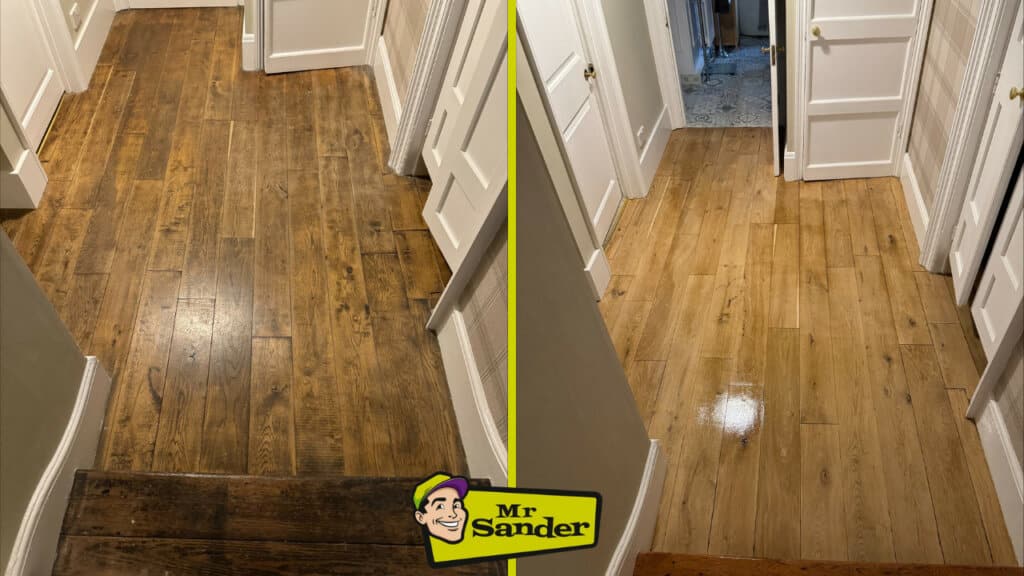 Before and after comparison of a wide plank oak hardwood floor in Burgess Hill, UK, showing the results of floor sanding and refinishing by Mr. Sander®.