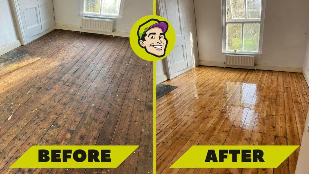 Before and after comparison of a pine wooden floor in Burgess Hill, UK, showing the results of floor sanding and refinishing by Mr. Sander®."