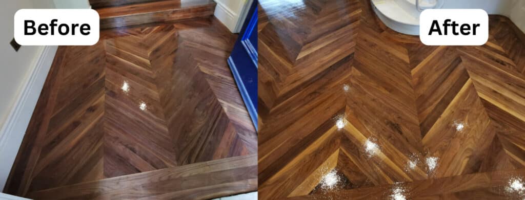 A panoramic before-and-after image showing a herringbone-patterned wooden floor. The "Before" side shows the floor looking dull with visible wear, and the "After" side shows the same floor with a glossy finish and a richer color, indicating restoration or polishing work. A blue painter's tape is visible on the "Before" side, marking the area under treatment.