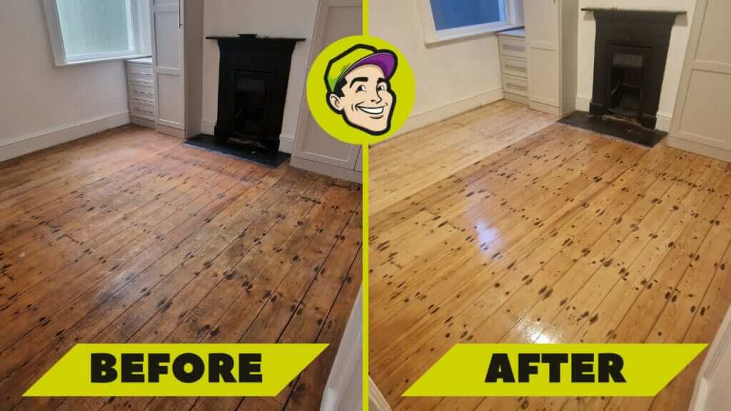A before-and-after comparison image of floor sanding and refinishing by Mr Sander® in Honor Oak, UK. The left side shows an old, worn, and discolored wooden floor with a fireplace, while the right side displays the same floor beautifully restored with a smooth, shiny, and polished finish.