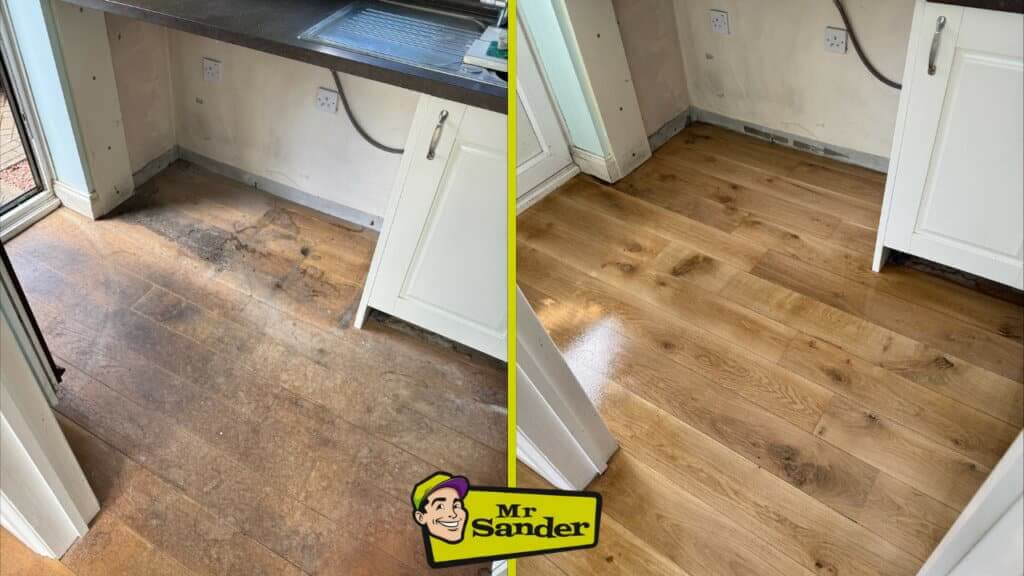 Before and after comparison of an oak hardwood kitchen floor in Wembley, UK, showing the results of floor sanding and refinishing by Mr. Sander®.