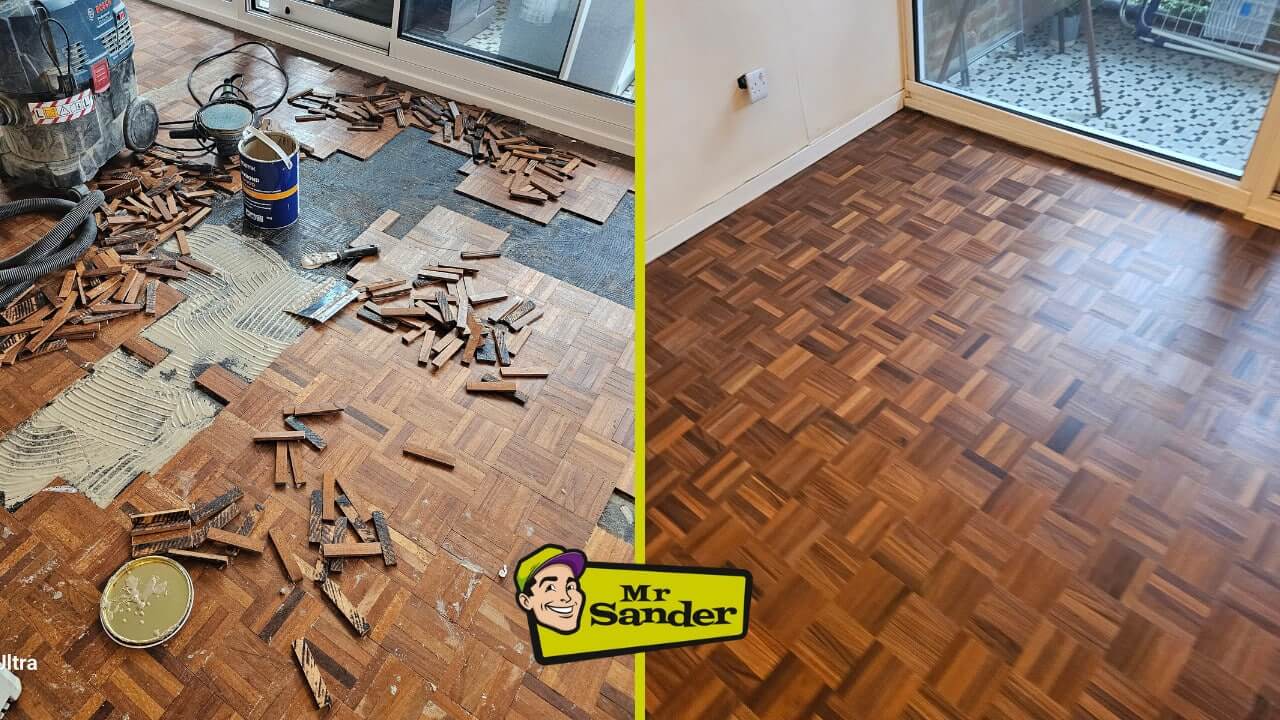 A before and after comparison of a 5-finger parquet floor restoration project. The left side shows the floor under repair, with removed parquet tiles scattered around, while the right side displays the fully restored, polished parquet floor, giving a new and shiny look. Floor sanding and refinishing were done by Mr. Sander® in West Meon, UK.