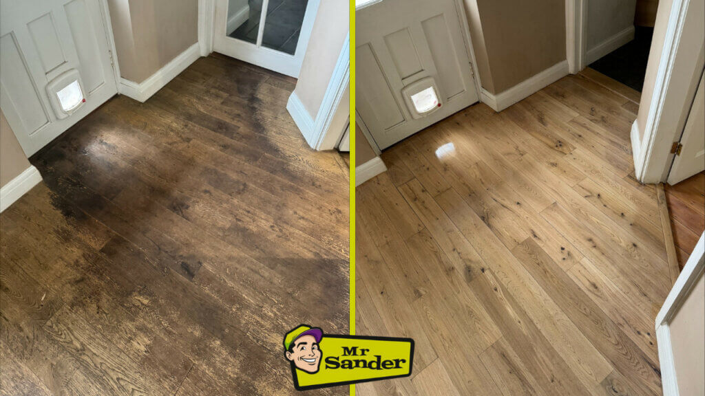 Before and after comparison of an oak hardwood floor in Chinatown, UK, showing the results of floor sanding and refinishing by Mr. Sander®.