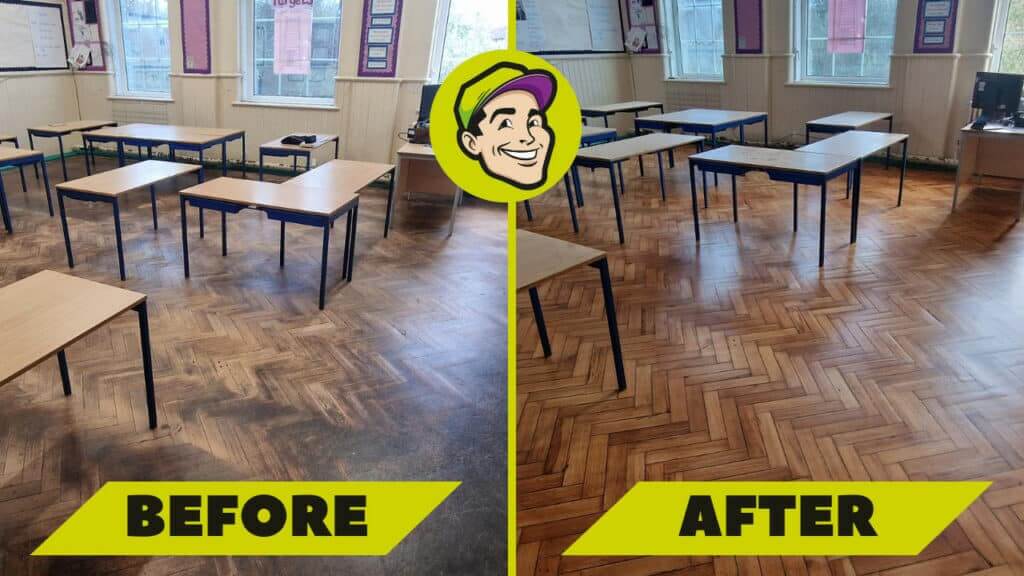 A comparison image showing a herringbone parquet floor in a classroom before and after sanding and refinishing by Mr Sander® in Tonbridge, UK. The left side shows the floor with significant wear and dirt, while the right side displays the same floor beautifully restored with a clean, polished finish.