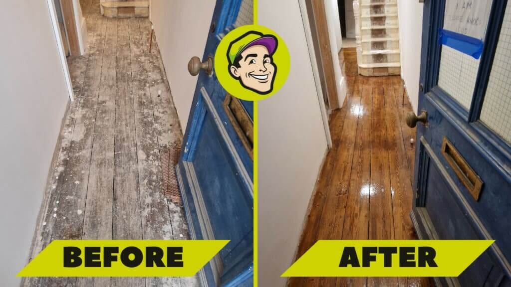 A comparison image showing a pine floor in a hallway before and after sanding and refinishing by Mr Sander® in Aldershot, UK. The left side shows the floor with heavy wear, paint splatters, and dirt, while the right side displays the same floor beautifully restored with a glossy, polished finish.