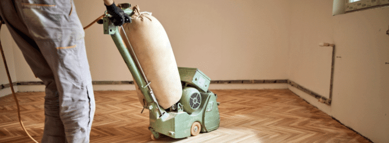 Expert herringbone floor restoration in White City, W12 with 2.2 kW Bona belt sander; 220V, 60Hz precision sanding guarantees exceptional finish and rejuvenated wooden surface.