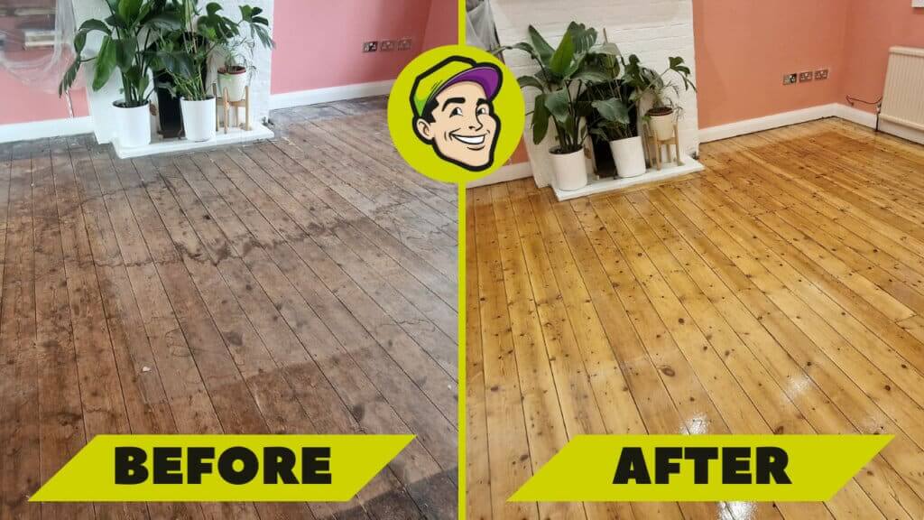 A side-by-side comparison of a wooden floor before and after restoration. The left side shows an old, worn, and scratched wooden floor with a dull finish, while the right side displays the same floor after sanding and refinishing, now bright, smooth, and shiny with a golden hue. The room features pink walls, white baseboards, and potted plants by a white fireplace, creating a refreshed and inviting atmosphere.