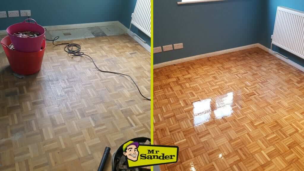 Before and after images of a room with restored parquet wooden floors, done by Mr Sander® in Cudham, UK.