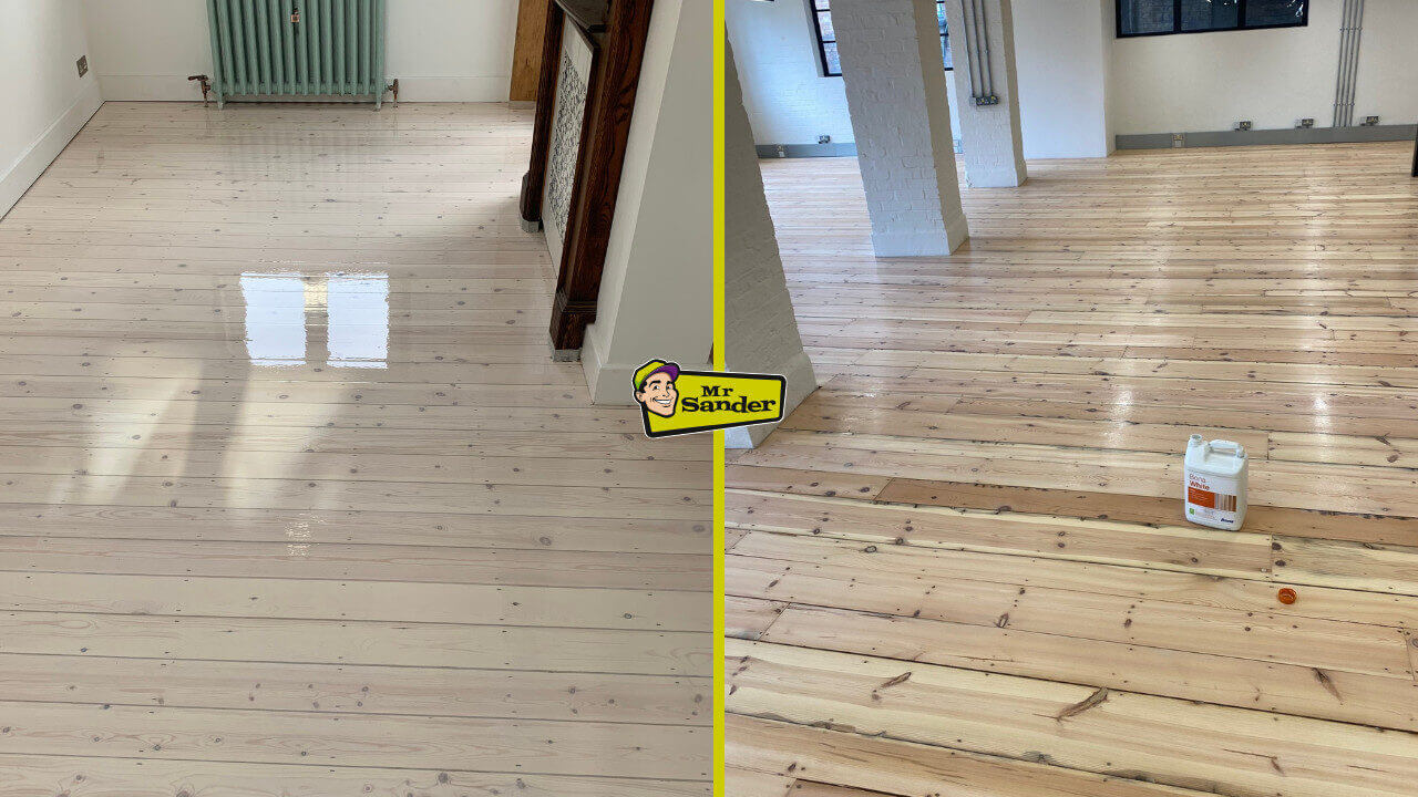 Side-by-side images showing the transformation of pine floors with Bona White. On the left, a freshly coated glossy surface highlights a bright, whitewashed finish, while on the right, a can of Bona White sits among pine boards mid-project.