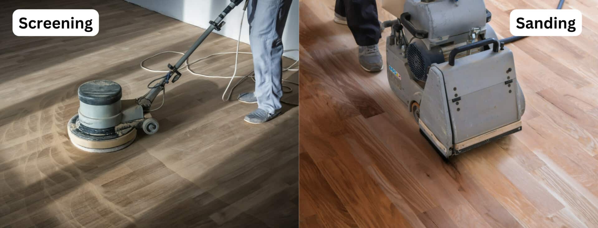 Comparison of floor maintenance techniques with a buffer machine for screening and a belt sander for sanding.
