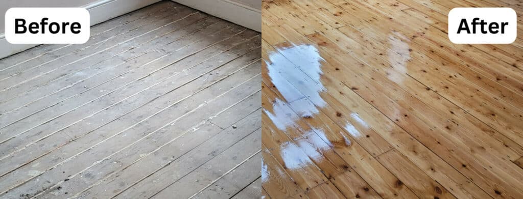 A before and after image of a wooden floor being refinished. The left side of the image shows the floor before refinishing, with scratches and a dull finish. The right side of the image shows the floor after refinishing, with a smooth, polished finish