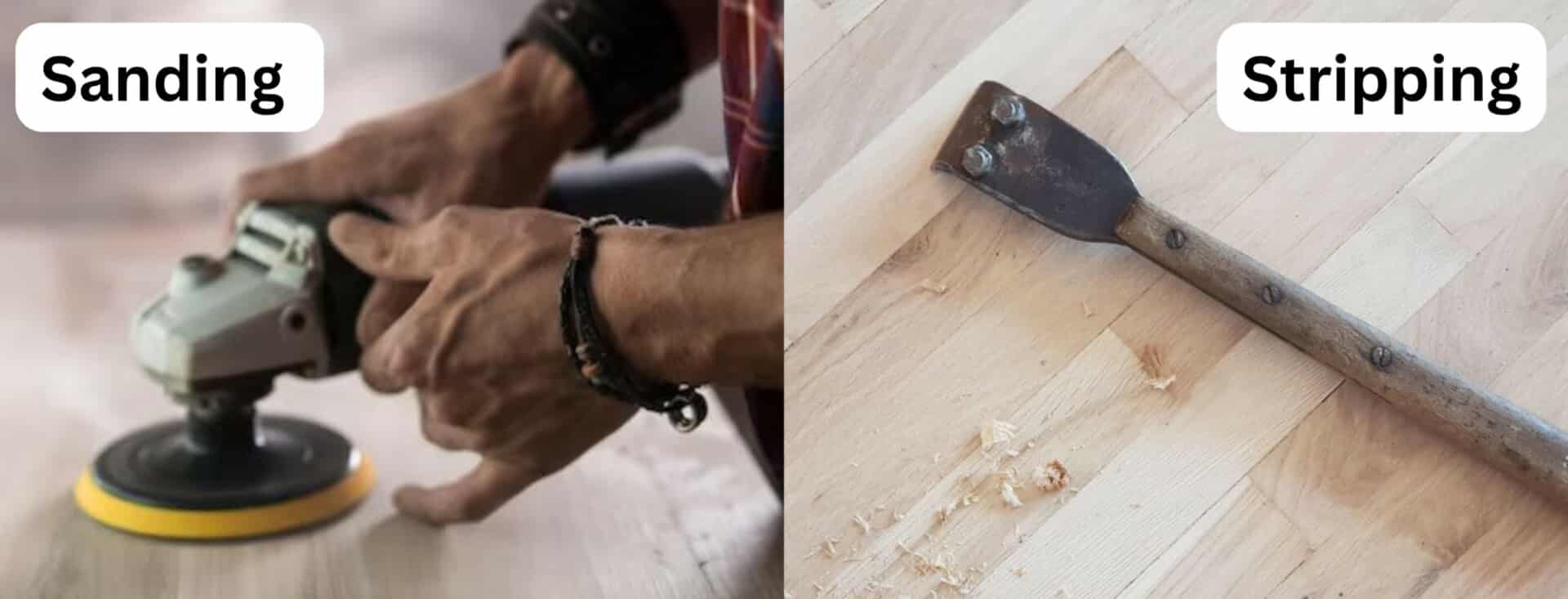 Comparison of sanding with an orbital sander versus stripping with a paint scraper on wood.