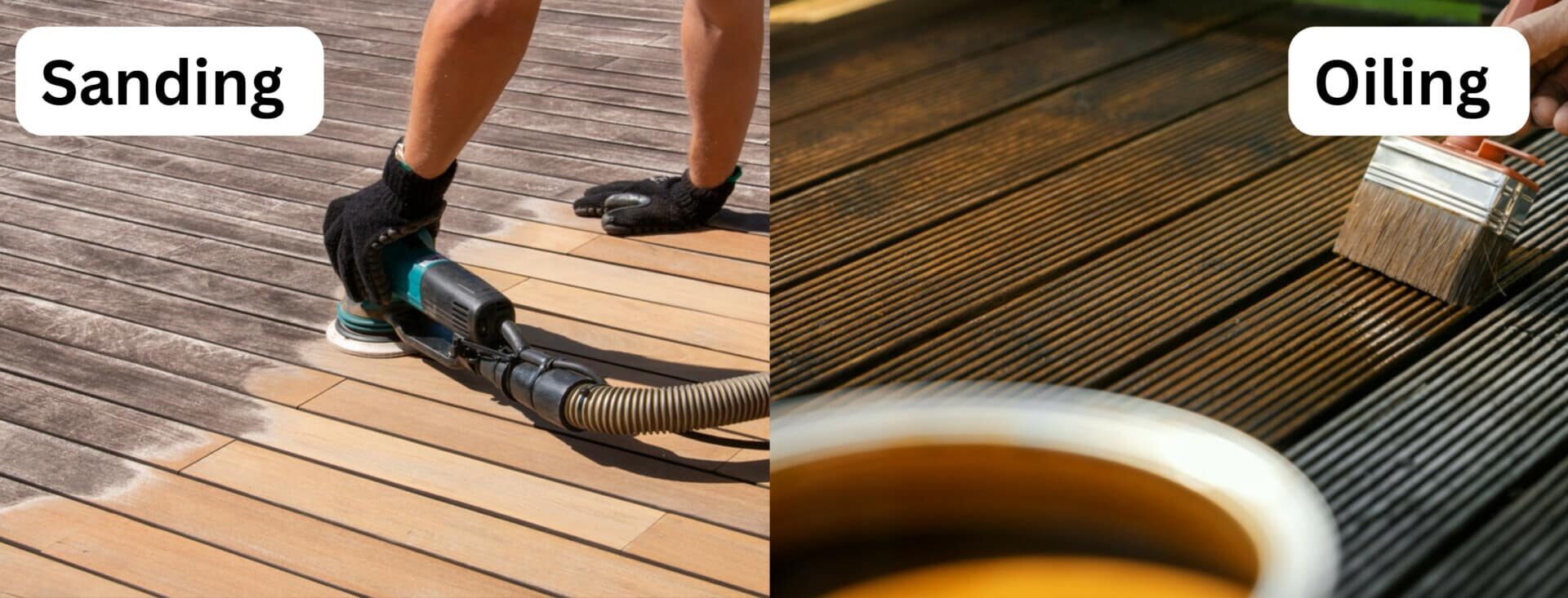 A person wearing gloves and safety glasses sands a wooden deck while another person applies oil to the wood.
