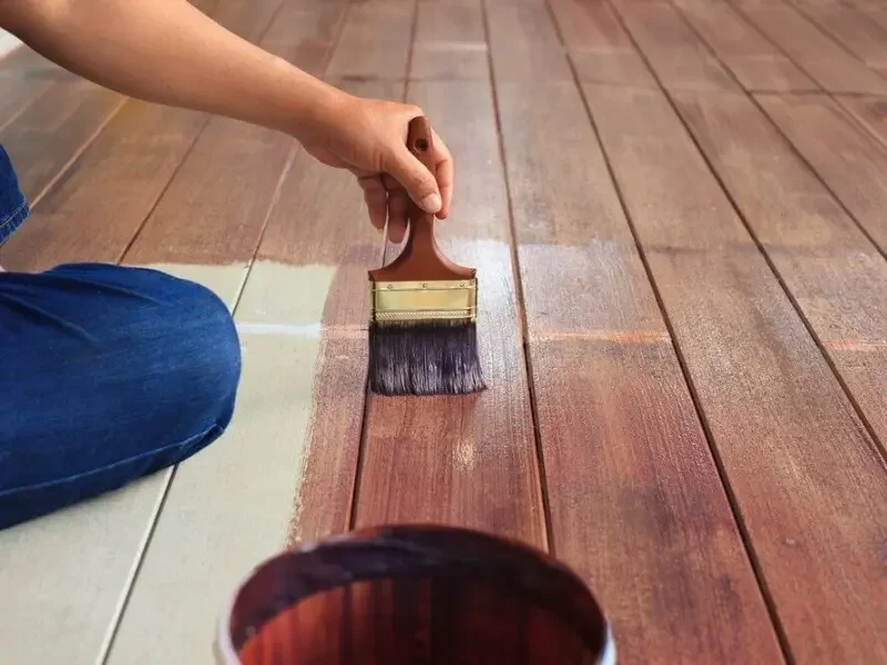 applying wood stain to a sanded wood floor