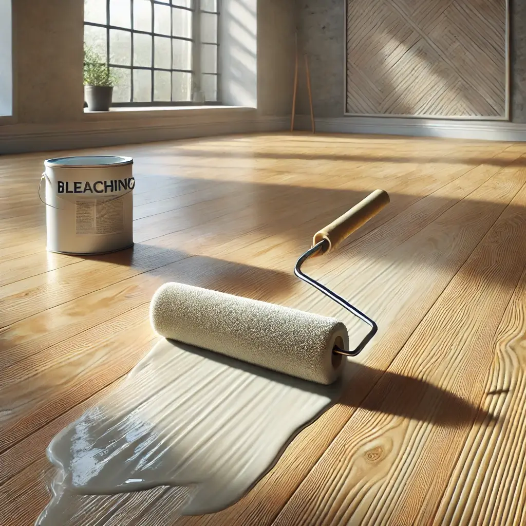 A paint roller applying a light bleaching solution onto a hardwood floor, with a can labeled “Bleaching” in the background—illustrating the question, “Can I use bleach on hardwood floors?”