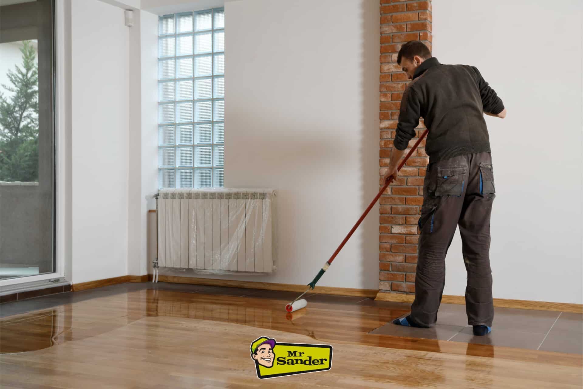 A professional floor finisher using a paint roller on a newly sanded hardwood floor, creating a glossy, protective coating.